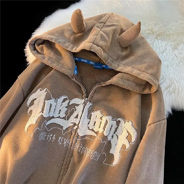 Printed Letter Lovely Devil Hoodie Girl Brown - Shop at LoveMi