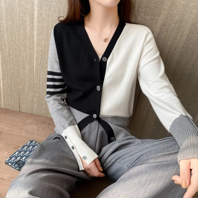 Contrast Stripe Long Sleeve College Knit Black - Shop at LoveMi
