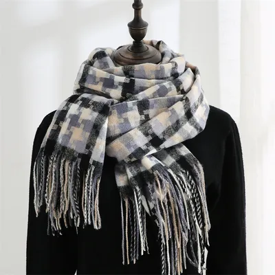 New Plaid Scarf Women Tassel Shawl Fashion Black And White - Shop at LoveMi