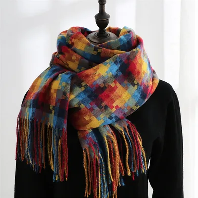New Plaid Scarf Women Tassel Shawl Fashion Dark Rainbow - Shop at LoveMi