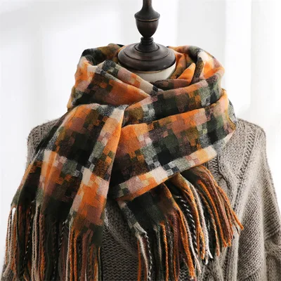 New Plaid Scarf Women Tassel Shawl Fashion Orange - Shop at LoveMi