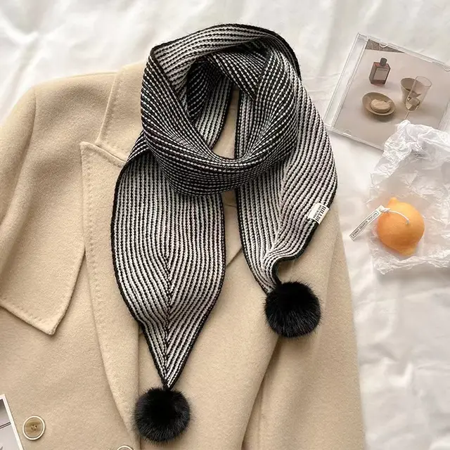 New Style Knitted Wool Ball Striped Scarf For Women Black - Shop at LoveMi