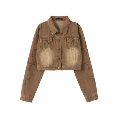 Lapel Vintage High Waist Short Denim Coat Coffee Color - Shop at LoveMi