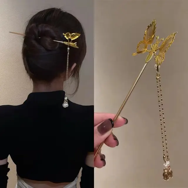 Fashionable New Butterfly Tassel Hairpin Female Tassel Butterfly Hairpin Gold - Shop at LoveMi