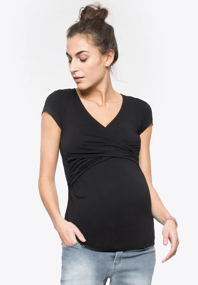 Summer Pregnant Women V neck Solid Color Cross Nursing Wear Short Sleeve Black - Shop at LoveMi