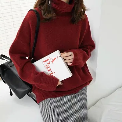 European And American Turtleneck Cashmere Sweater Women's Thickened Sweater Loose Pullover Lazy Knitted Plus Size Bottoming Shirt Burgundy - Shop at LoveMi