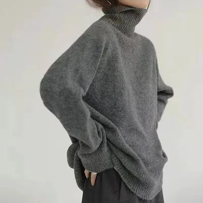 European And American Turtleneck Cashmere Sweater Women's Thickened Sweater Loose Pullover Lazy Knitted Plus Size Bottoming Shirt Grey - Shop at LoveMi