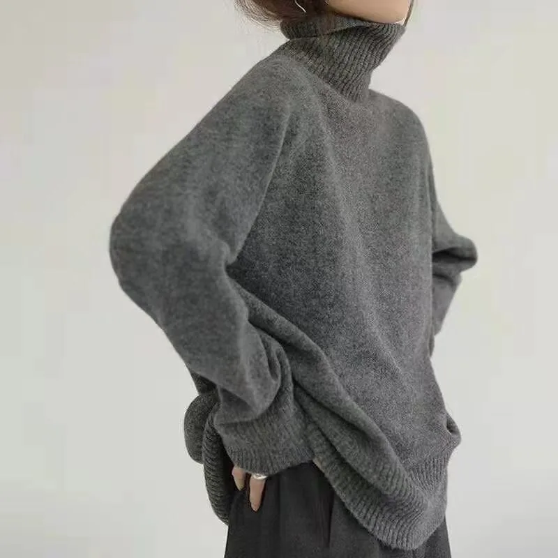 European And American Turtleneck Cashmere Sweater Women's Thickened Sweater Loose Pullover Lazy Knitted Plus Size Bottoming Shirt - Grey