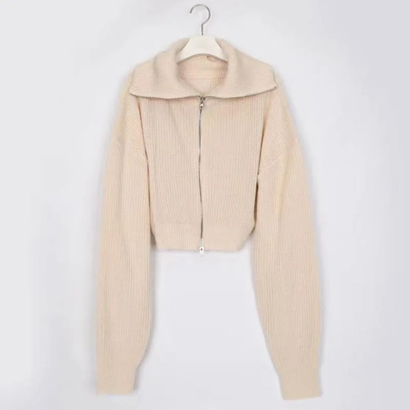 Soft Lapel Double Zipper Loose Long Sleeve Knitted Sweater For Women Apricot - Shop at LoveMi
