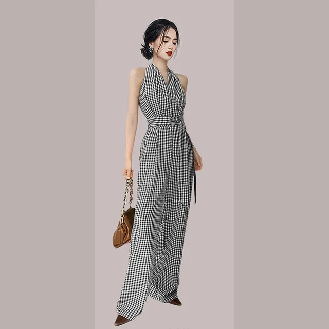 Slim Dress Jumpsuit Wide leg Pants Plaid Color Grid - Shop at LoveMi