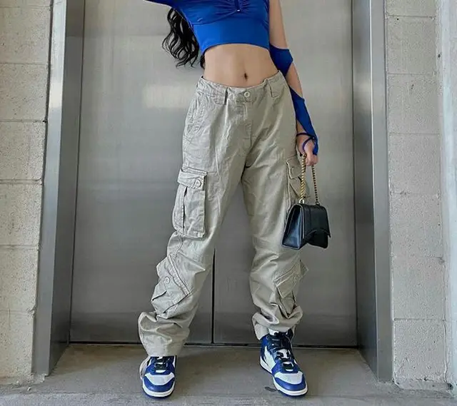 Street Style American Multi Pocket Belt Casual Workwear Jeans Light Grey - Shop at LoveMi