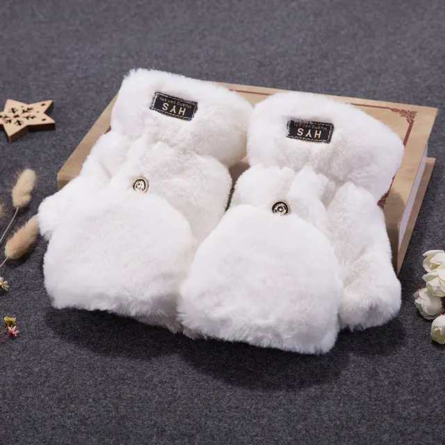 Korean Style Cute Student Couple Flip Pure Color Thickened Warm Plush Keyboard Half Finger Gloves For Men And Women Winter White - Shop at LoveMi