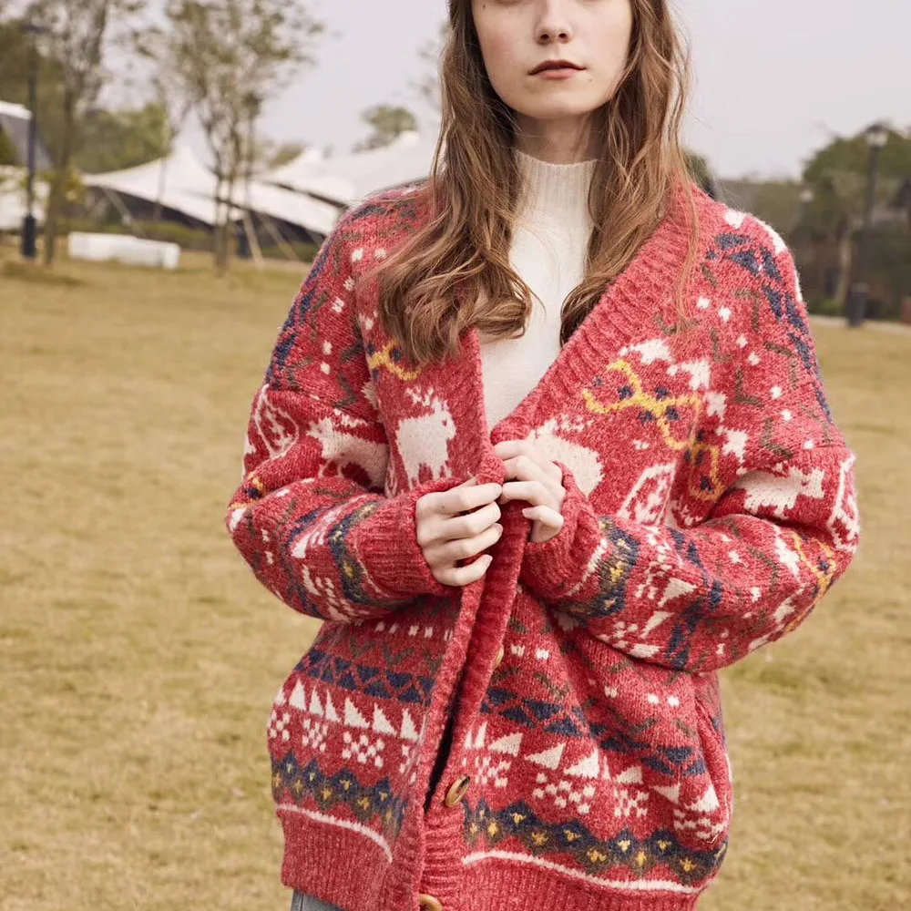 Christmas Elk Knitted Cardigan Outwear Sweater Red - Shop at LoveMi