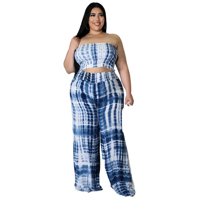 Women's Tie dye Print Chest wrapped Backless Plus Size Two piece Suit Blue - Shop at LoveMi