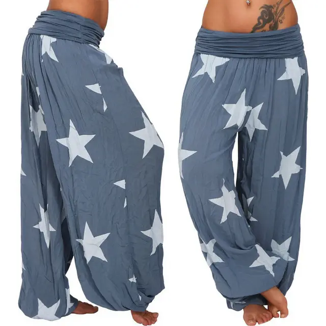 Women's Star Print Solid Color Harem Pants Light Blue - Shop at LoveMi