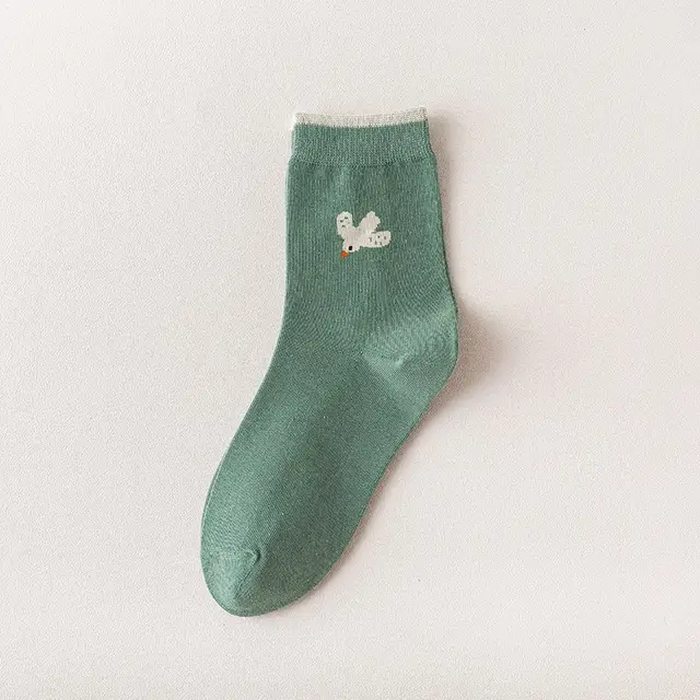Women's Fashion Cartoon Animal Mid calf Warm Socks Green Background Single Bird - Shop at LoveMi