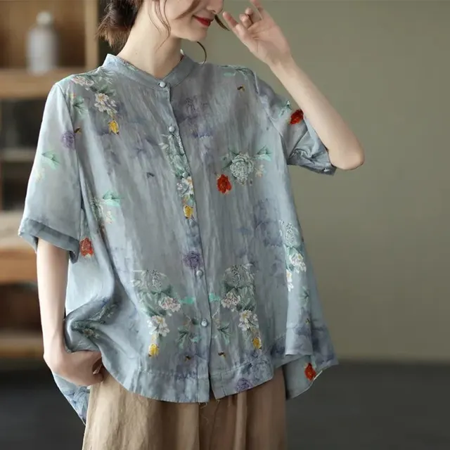 Vintage Digital Printed Cotton Linen Blouse For Women Blue - Shop at LoveMi