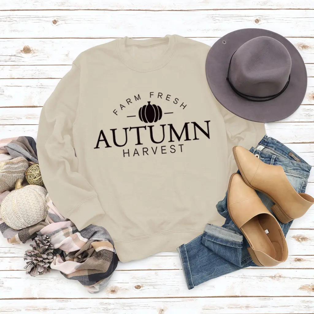 Letter Round Neck Fashionable Loose Long Sleeve Sweater - Khaki Black Font