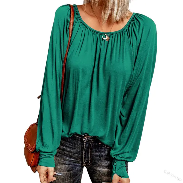 Solid Color Crew Neck Casual Pleated Long sleeved Top For Women Green - Shop at LoveMi