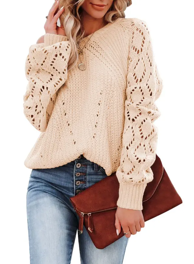 Solid Female Hollow Pattern Round Neck Sweater Apricot - Shop at LoveMi