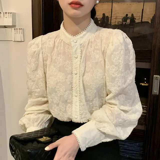 Elegant Stand Neck Patchwork Pearl Embellishment Shirt White - Shop at LoveMi