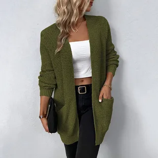 Women's Solid Color Pocket Sweater Women's Cardigan Coat - Army Green