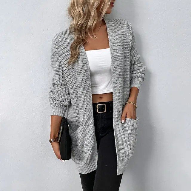 Women's Solid Color Pocket Sweater Women's Cardigan Coat Grey - Shop at LoveMi