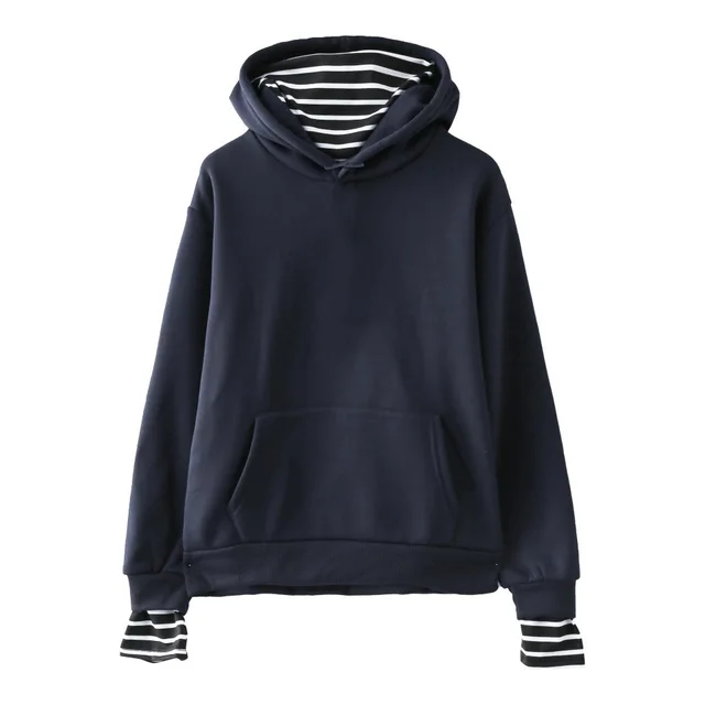 Solid Color False Two piece Hooded Pullover Fleece Striped Oversleeves Korean Style Trendy Hooded Blank Fake Two Pieces Navy Blue - Shop at LoveMi