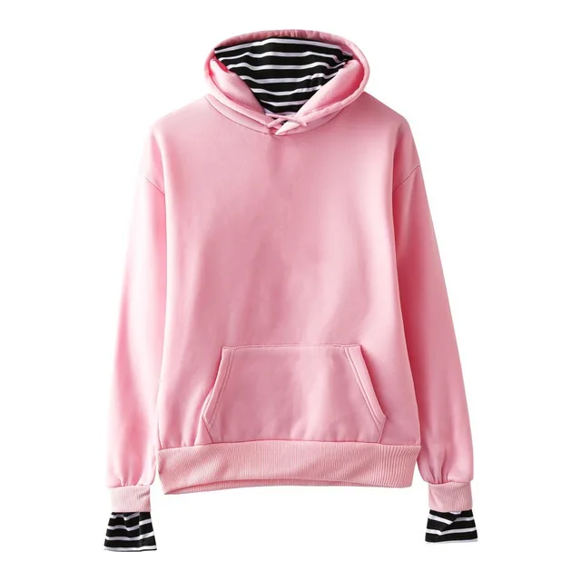 Solid Color False Two piece Hooded Pullover Fleece Striped Oversleeves Korean Style Trendy Hooded Blank Fake Two Pieces Pink - Shop at LoveMi