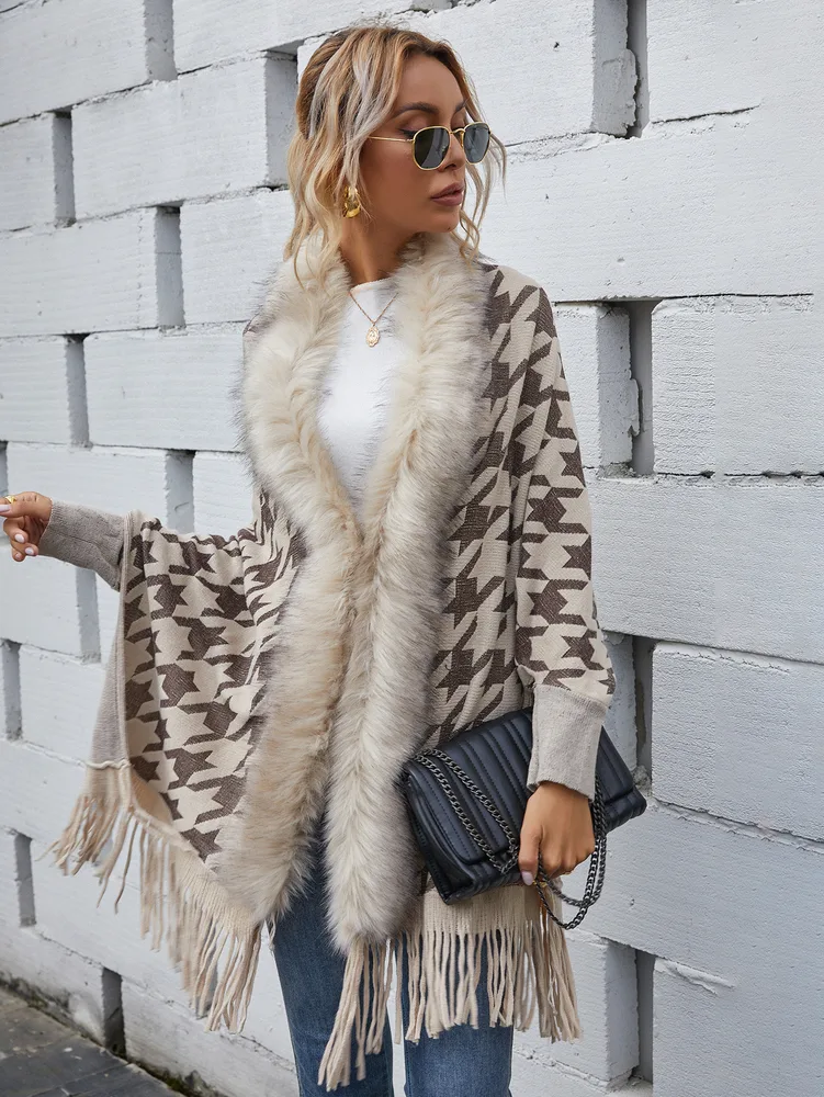 Women's Thousand Bird Check Sweater Wool Collar Cardigan Knitted Coat Khaki - Shop at LoveMi