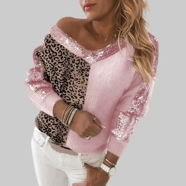 Autumn And Winter Collar Sequins Splice Leopard Knit Pink - Shop at LoveMi