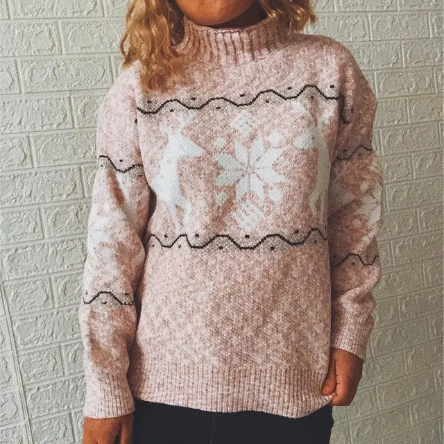 Christmas Sweater Snow Deer High Neck Long Sleeve Knitted Pullover Pink - Shop at LoveMi