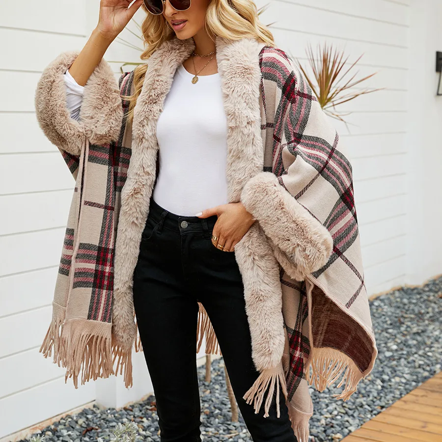 Fringe Cardigan Plaid Shawl Sweater Women's Dress Apricot - Shop at LoveMi