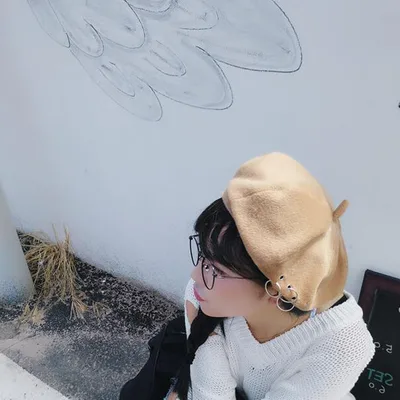 Women's Personality Round Iron Ring Woolen Fabric Painter's Hat Khaki - Shop at LoveMi