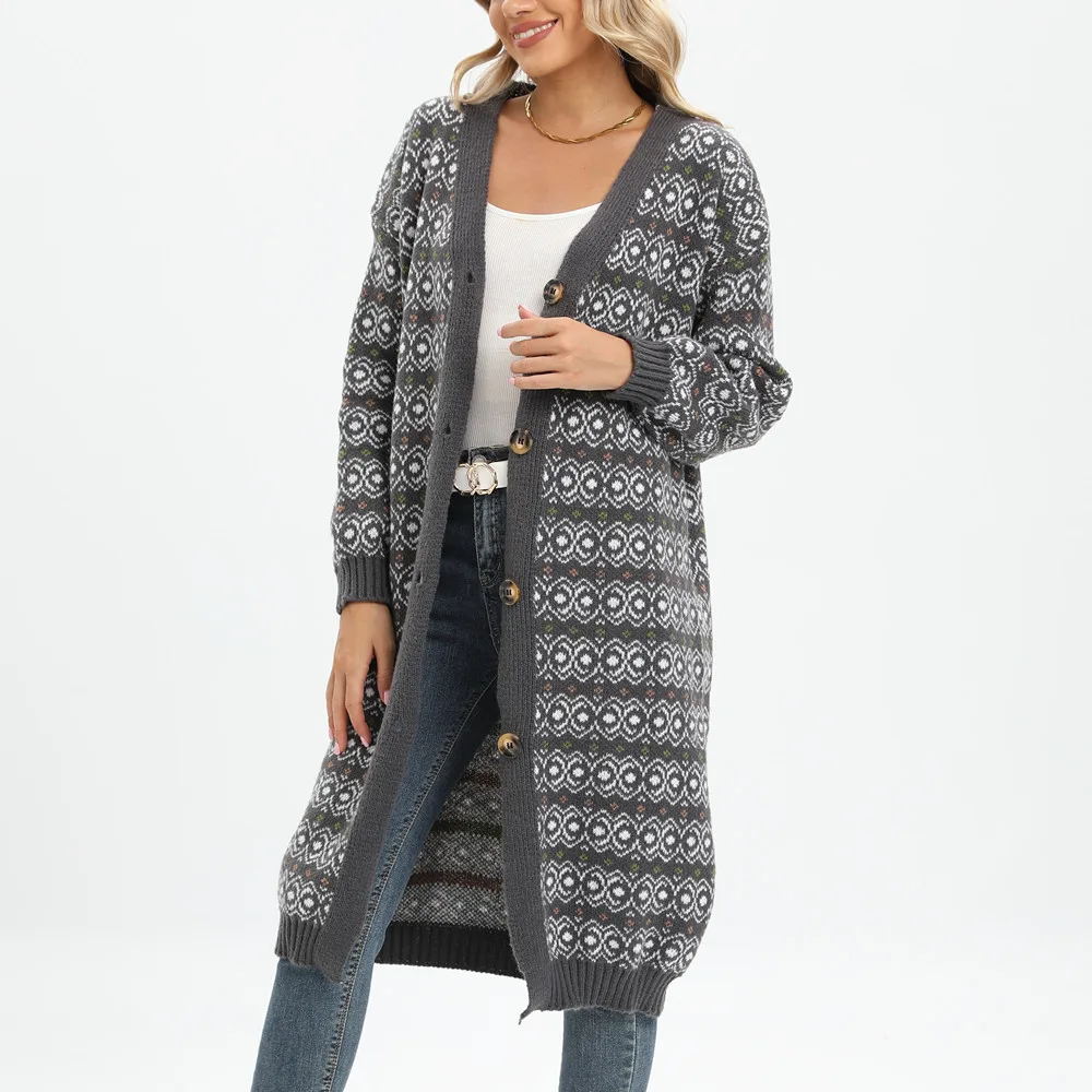 Ethnic Style Long Loose Casual Cardigan Sweater Coat - Grey