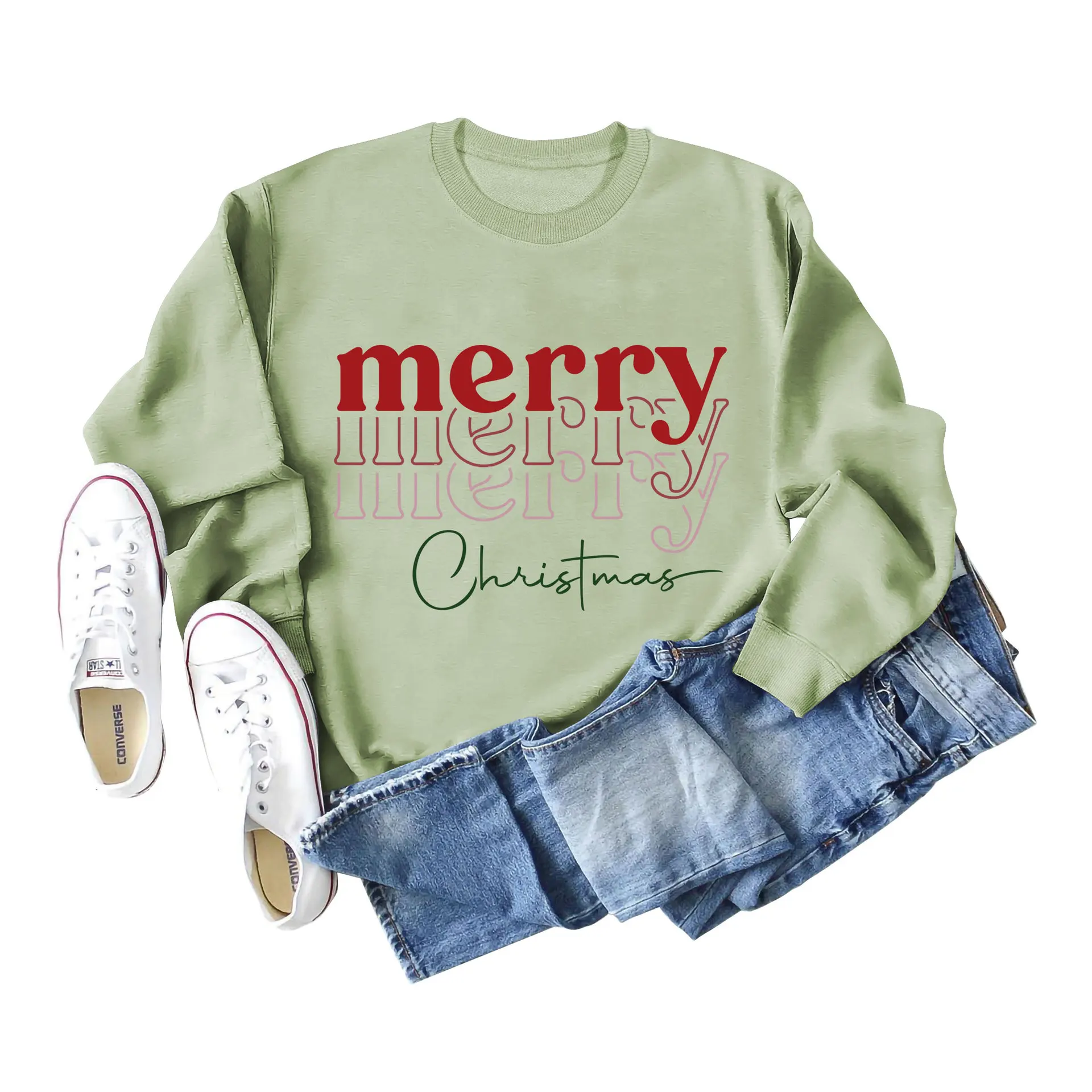 Letter Round Neck Christmas Loose Long Sleeve Sweater Girl - Olive Green