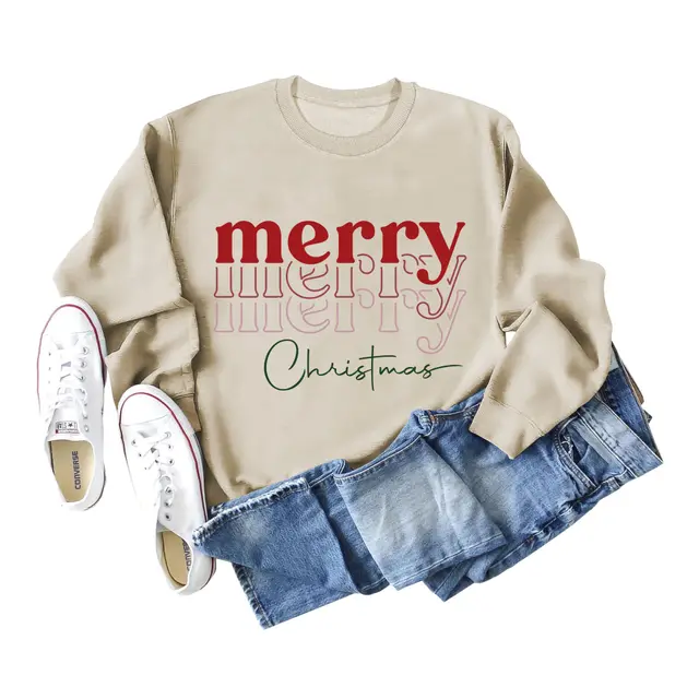 Letter Round Neck Christmas Loose Long Sleeve Sweater Girl Sand - Shop at LoveMi