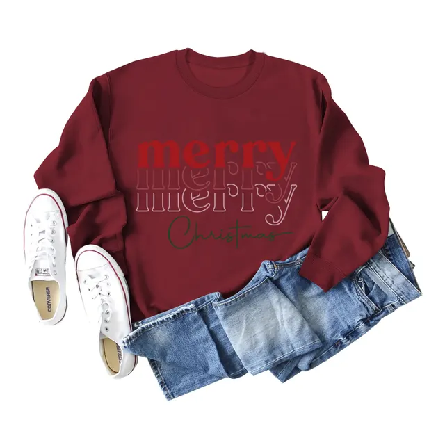 Letter Round Neck Christmas Loose Long Sleeve Sweater Girl Wine Red - Shop at LoveMi