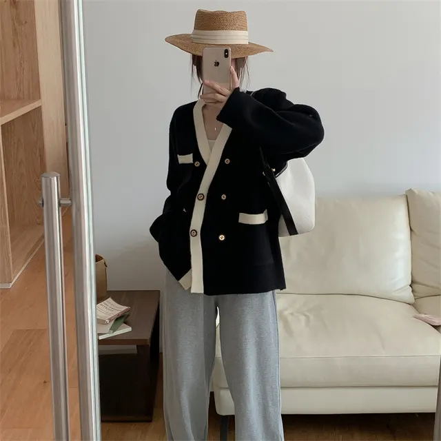 French Fashion Classic Style Color Stitching Knitted Cardigan Women Loose V neck Gentle Style Dinified Sweater Women Black - Shop at LoveMi