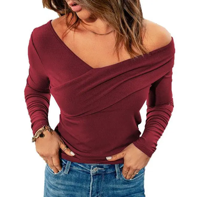 Solid V neck Off Shoulder Long Sleeve Wrap Top For Women Wine Red - Shop at LoveMi