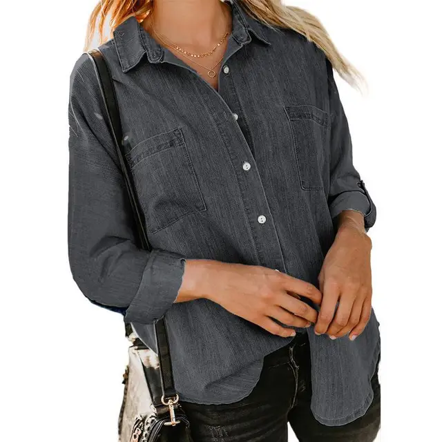 Women's Denim Coat Loose Double Pocket Long Sleeve Casual Shirt Black - Shop at LoveMi