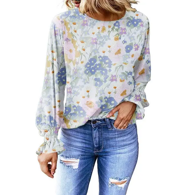 Women's Floral Round Neck Shirt Women's Lantern Sleeve Shirt Blue - Shop at LoveMi