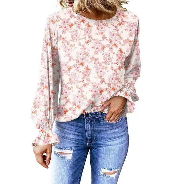 Women's Floral Round Neck Shirt Women's Lantern Sleeve Shirt White - Shop at LoveMi