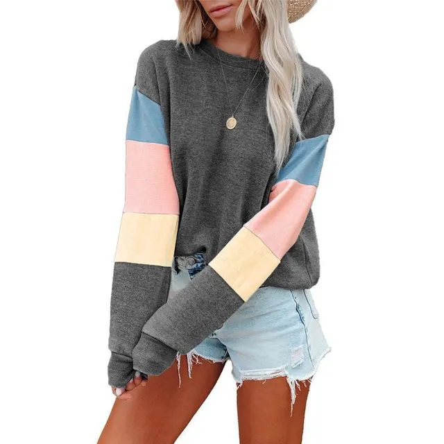 Round Neck Long Sleeve Color Contrast Long Sleeve Fashion T shirt Women Grey - Shop at LoveMi