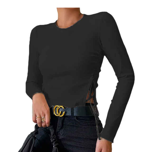 Slim Slim Split Drawstring Round Neck Slim Long Sleeve Shirt Women Black - Shop at LoveMi