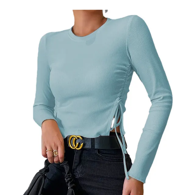 Slim Slim Split Drawstring Round Neck Slim Long Sleeve Shirt Women Sky Blue - Shop at LoveMi