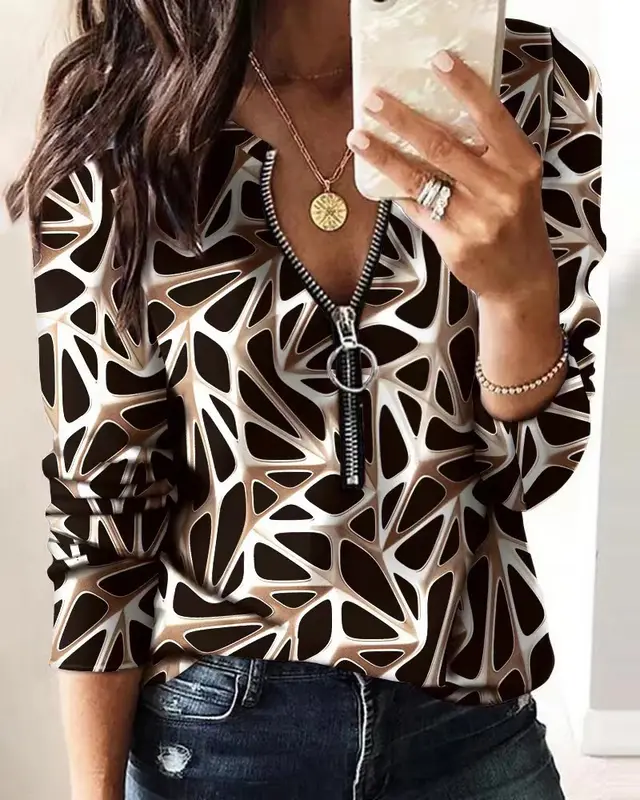 Fashion Printed Zipper Long Sleeve New Casual Women's Top Decor - Shop at LoveMi