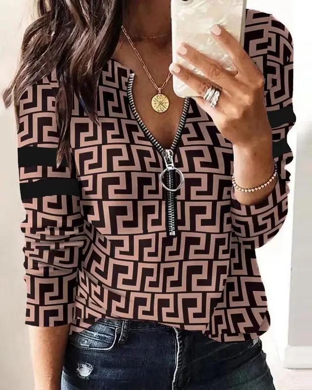 Fashion Printed Zipper Long Sleeve New Casual Women's Top Khaki Maze - Shop at LoveMi