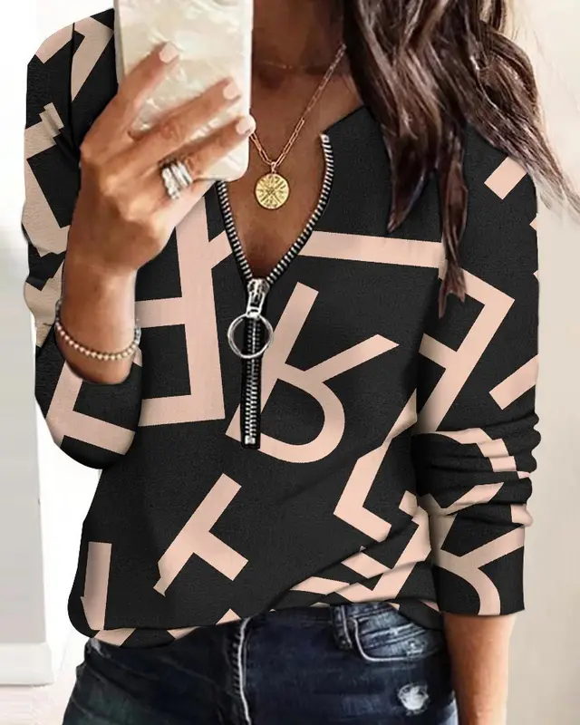 Fashion Printed Zipper Long Sleeve New Casual Women's Top Letter Print - Shop at LoveMi