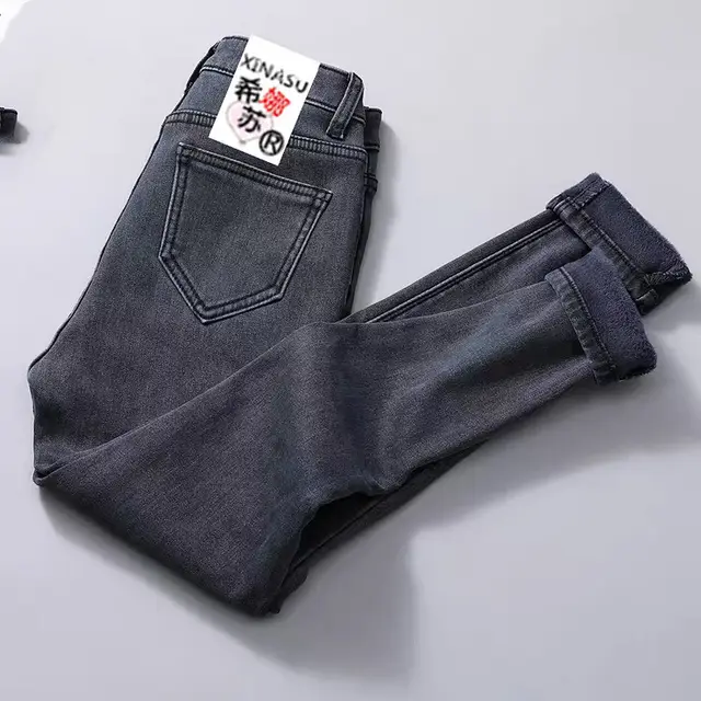Women Velvet Jeans Stretch High Waist Winter Warm Pants 2288Blackgrey - Shop at LoveMi